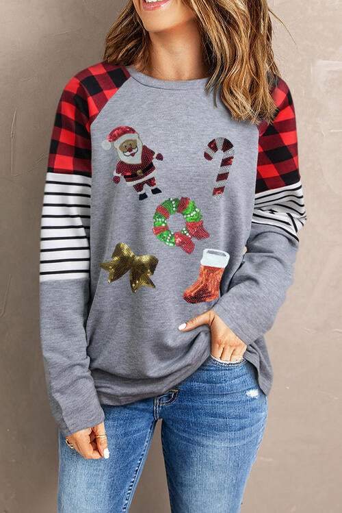 Christmas Element Sequin Round Neck Sweatshirt - T - 1 COLOR -