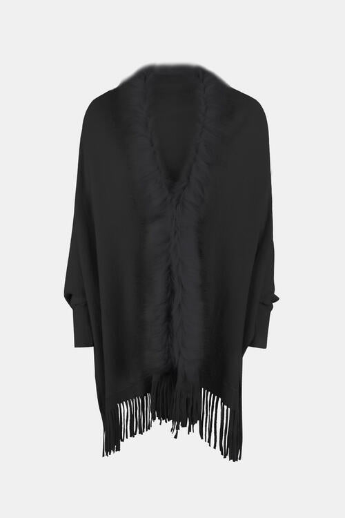 Fringe Open Front Long Sleeve Poncho - 1 SIZE - T - 6 COLORS -