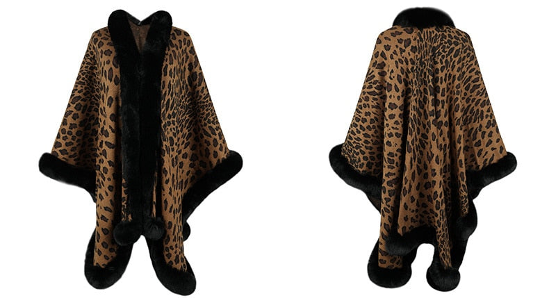 Sharon Tatem - Thick Warm Poncho Faux Fur Collar Cape Coat - Vintage Faux Leopard Sweater Cardigan - Batwing Sleeve Shawl -