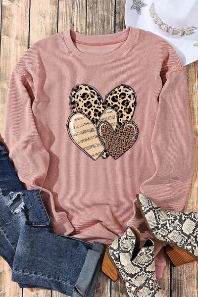 Heart Ribbed Round Neck Sweatshirt - T - 1 COLOR -