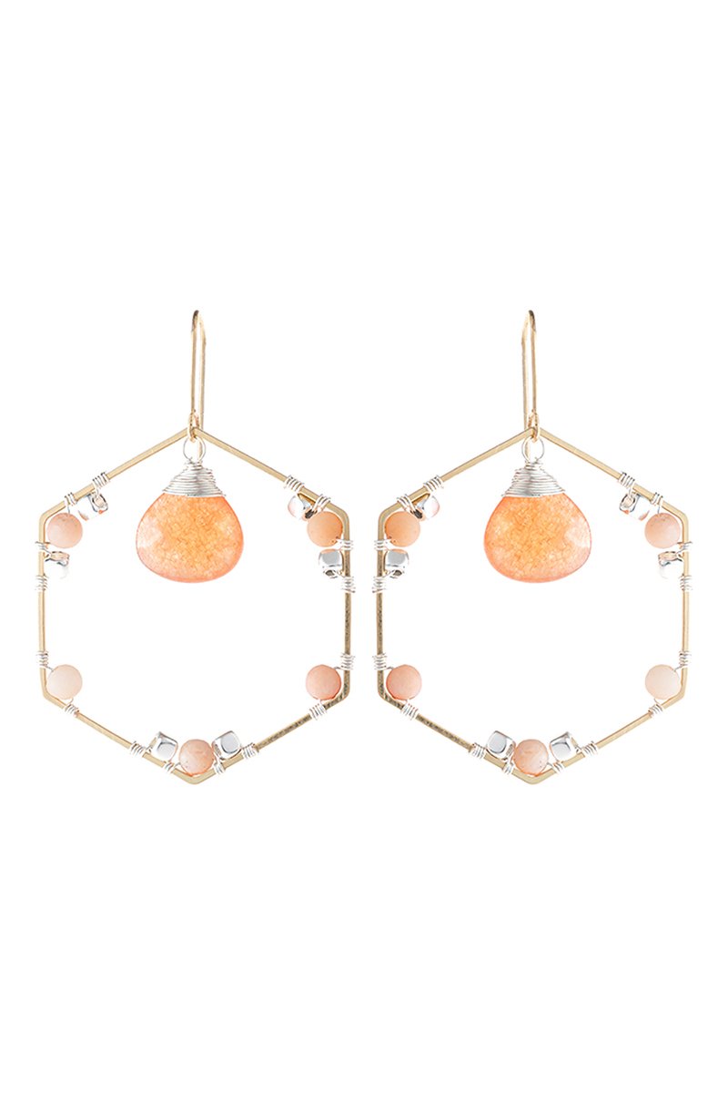 Riah Fashion - Natural Stone Beaded Hexagon Drop Earrings - 5 COLORS -