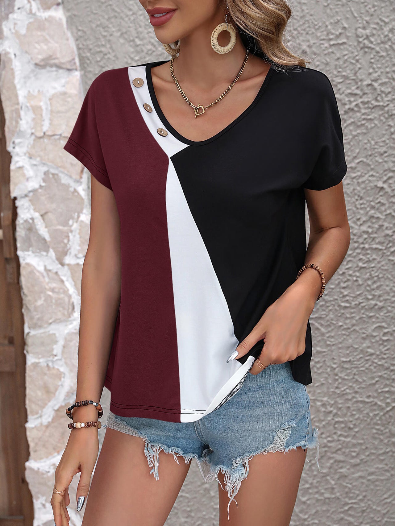 Color Block Decorative Button V-Neck Tee - T - 3 COLORS -