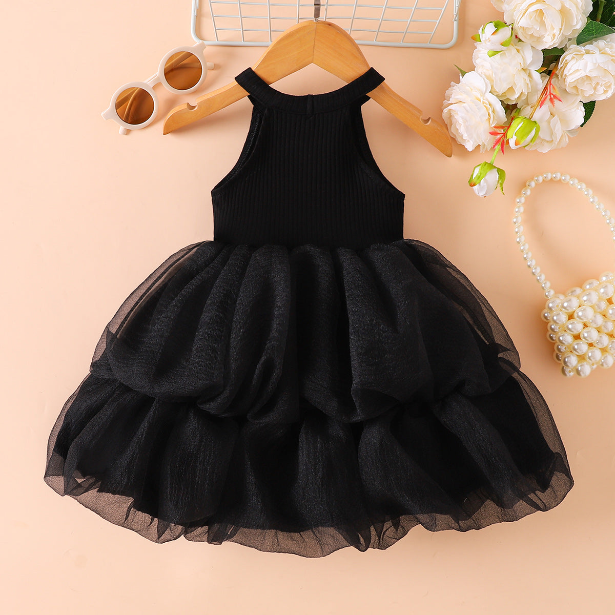 Ribbed Sleeveless Tulle Dress - T - 1 COLOR -