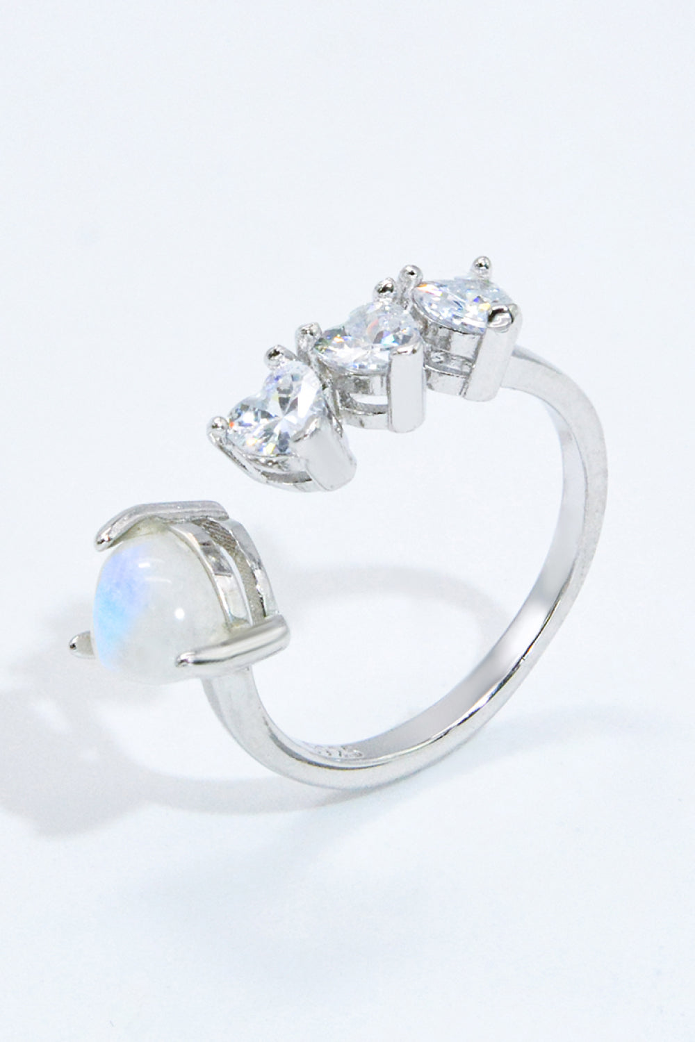 Natural Moonstone and Zircon Heart Open Ring - T - 1 SIZE FIT - 2 FINISHES -