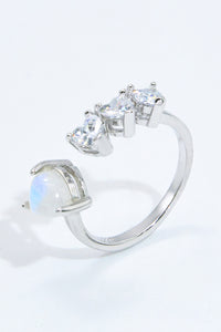 Thumbnail for Natural Moonstone and Zircon Heart Open Ring - T - 1 SIZE FIT - 2 FINISHES -