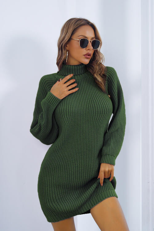 Buttoned Turtleneck Long Sleeve Sweater Dress - T - 3 COLORS -