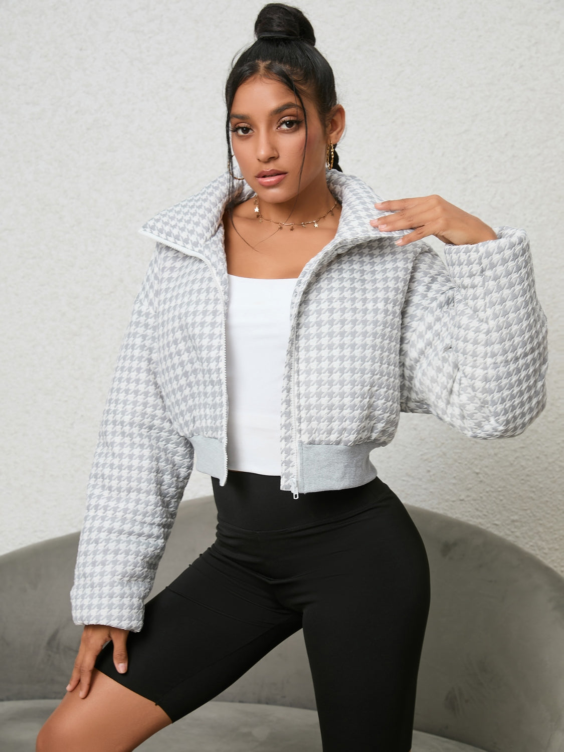 Houndstooth Zip-Up Jacket - T - 1 COLOR -