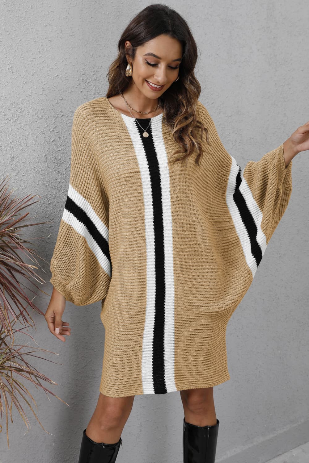 Ribbed Round Neck Long Sleeve Sweater Dress - T - 4 COLORS -