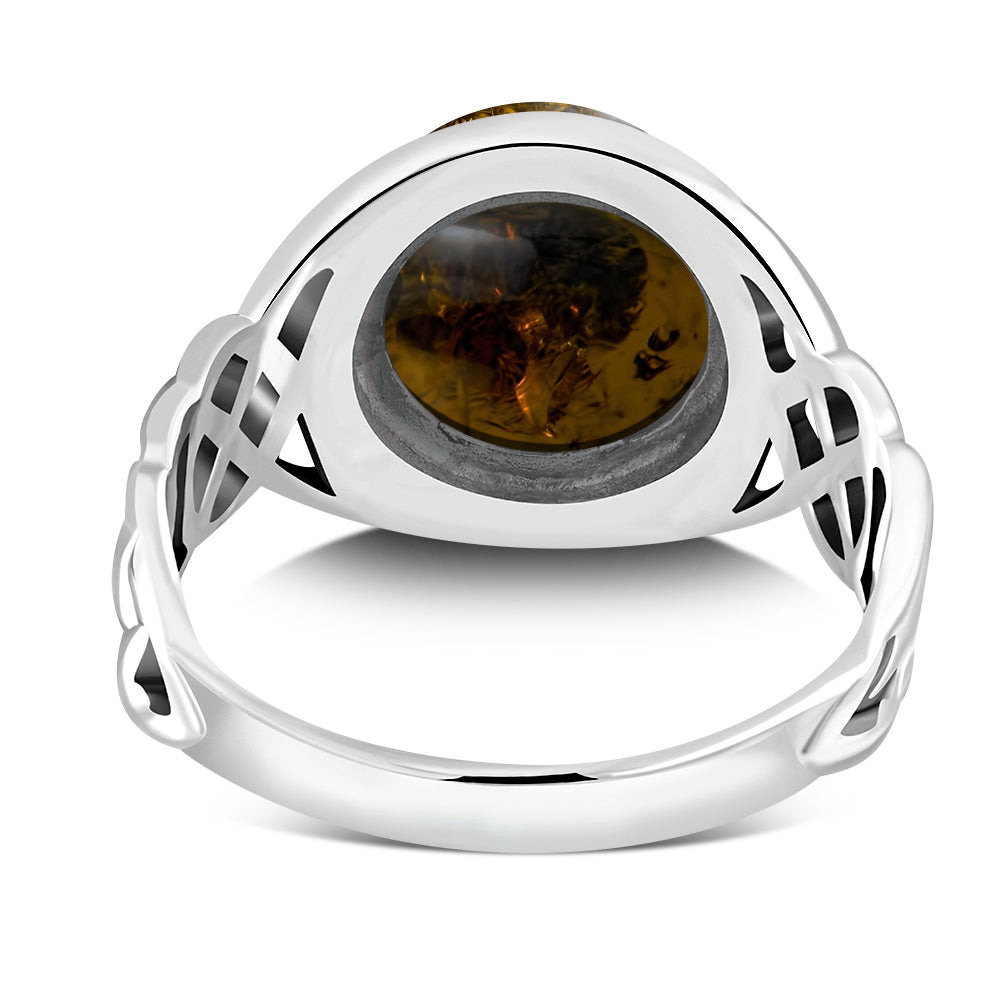 Creidne - Baltic Amber Celtic Sterling Silver Ring - 7 SIZES -