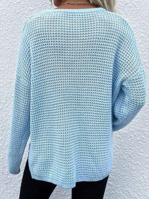 Notched Long Sleeve Sweater - T - 6 COLORS -