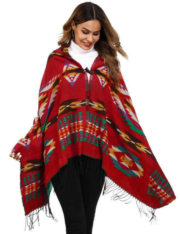 Women's Print or Plain Fringe Hooded Knit Cape Shawl - K - 2 Print patterns - 4 COLORS -