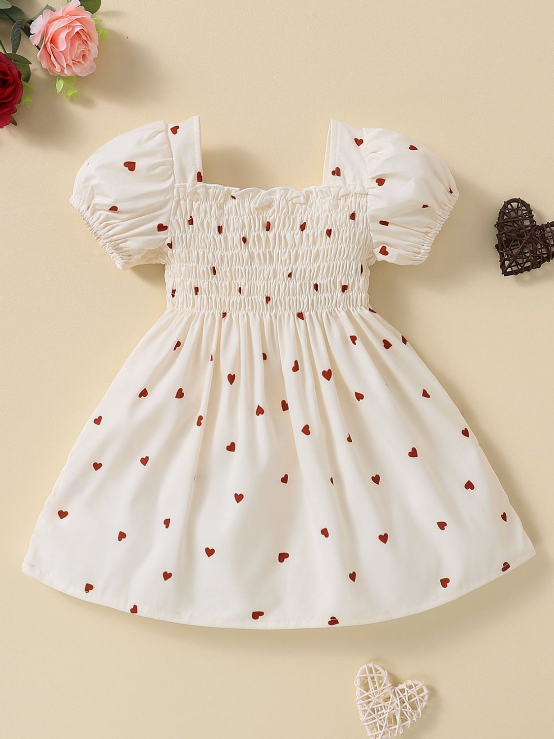 Baby Girl Heart Print Square Neck Dress - T - 5 SIZES - 1 COLOR -