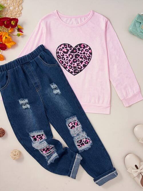 Leopard Heart Graphic Top and Pants Set - 2 PCS. - T - 2 COLORS -