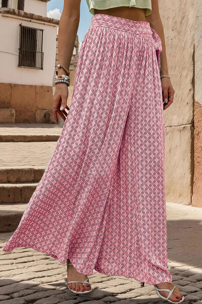 Printed Tied Wide Leg Pants - T - 3 COLORS -