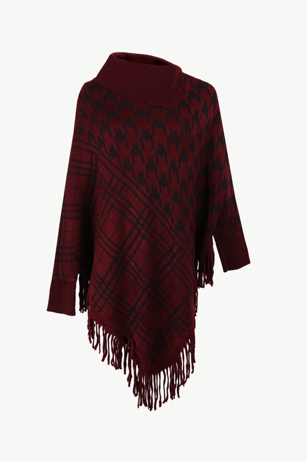 Houndstooth Turtleneck Fringe Hem Poncho - T - 5 COLORS -