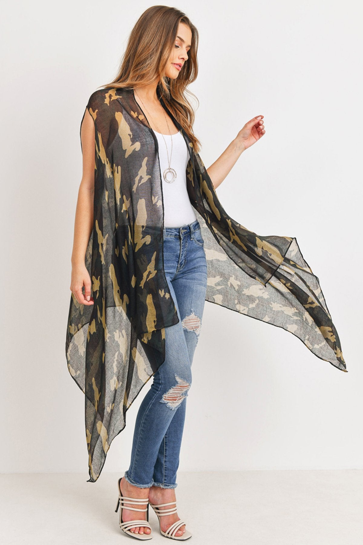 Riah Fashion - Knee Length Camouflage Open Front Kimono Vest - 1 COLOR