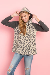 Thumbnail for Riah Fashion - Waffle Sleeve Leopard Drawstring Hoodie - 3 COLORS -