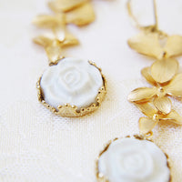 Thumbnail for Porcelain Moonlight Rose and Triple Leaves Drop Earrings -