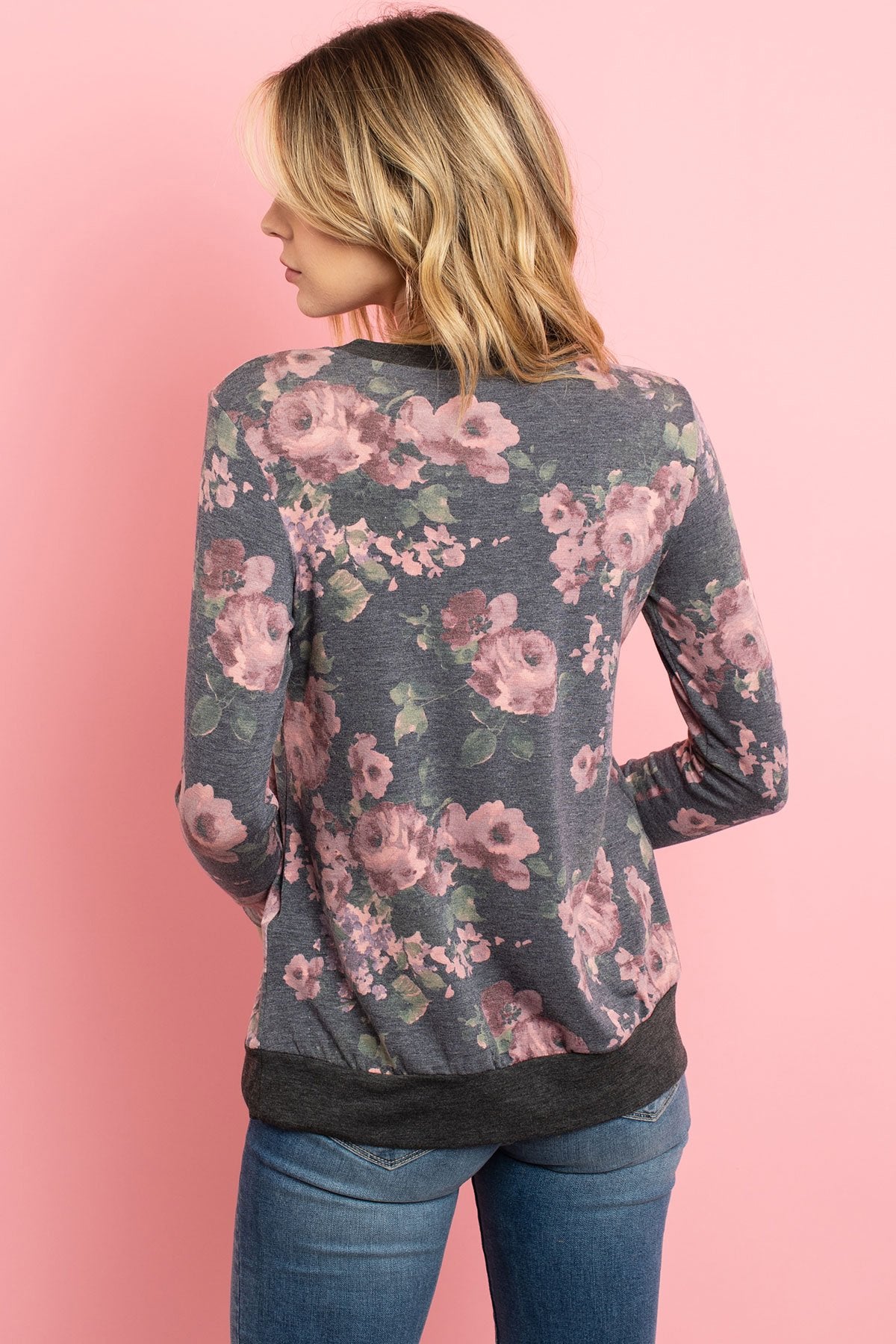 Riah Fashion - Button Detail Long Sleeved Floral Print Top - 2 COLOR COMBOS -