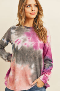 Thumbnail for Riah Fashion - Long Sleeve Boat Neck Tie Dye Round Hem Top - 3 COLORS -