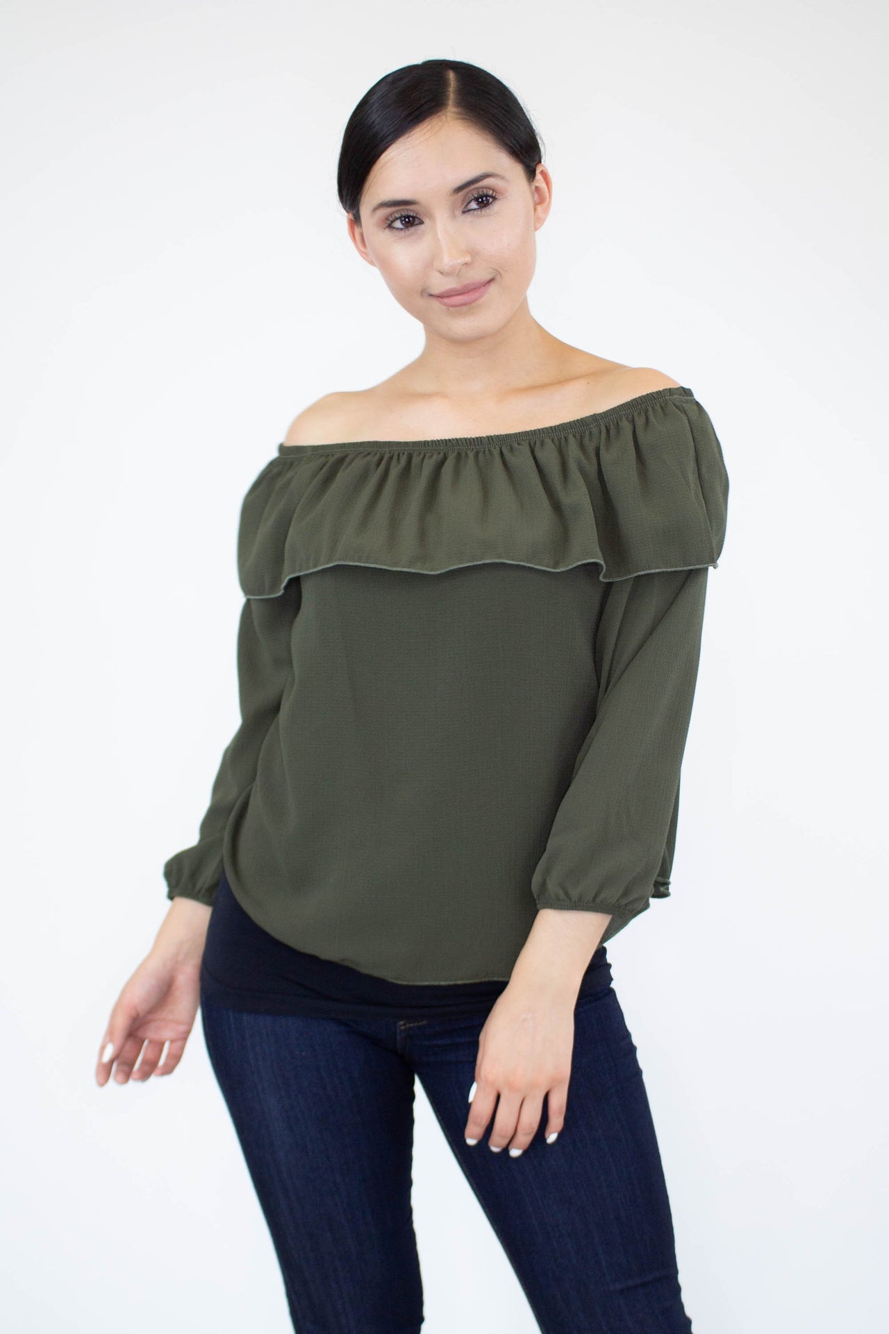 Stylespect - Balloon Sleeve Ruffled Top-Olive - 1 COLOR -