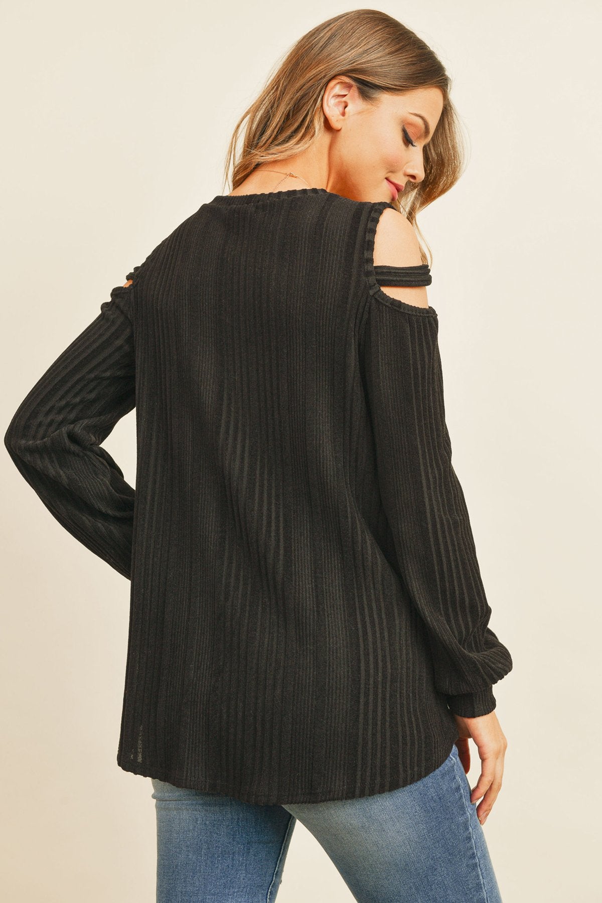 Riah Fashion - Ladder Open Shoulder Long Sleeved Rib Detail Top - 4 COLORS -