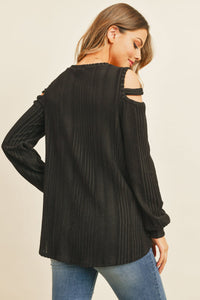 Thumbnail for Riah Fashion - Ladder Open Shoulder Long Sleeved Rib Detail Top - 4 COLORS -