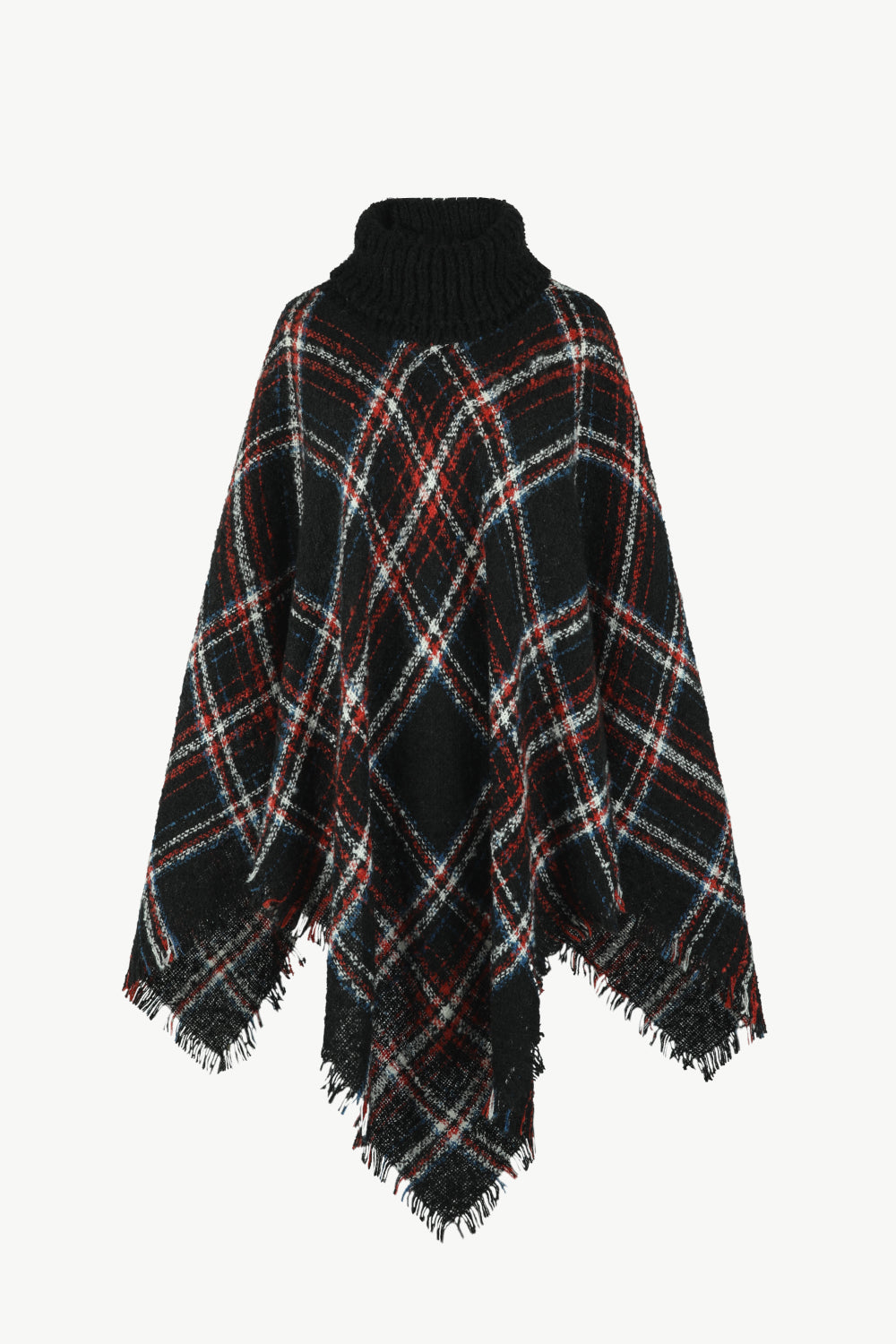 Plaid Turtleneck Fringe Hem Poncho - T - 6 COLORS -