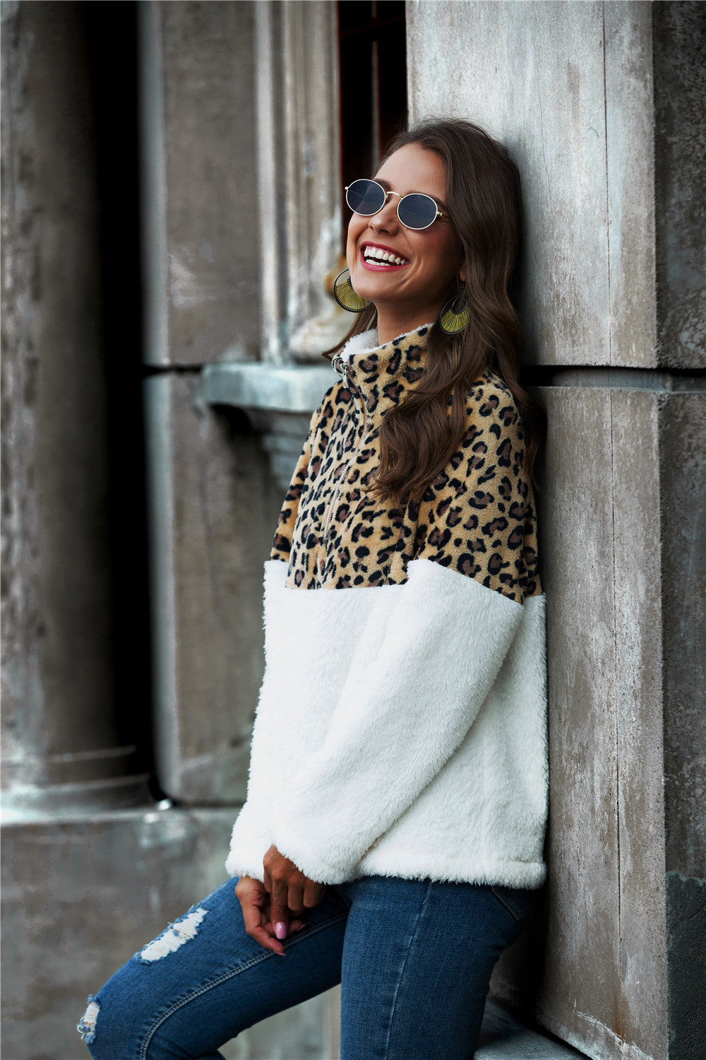 Leopard Color Block Half-Zip Collar Teddy Sweatshirt - T - 1 COLOR -