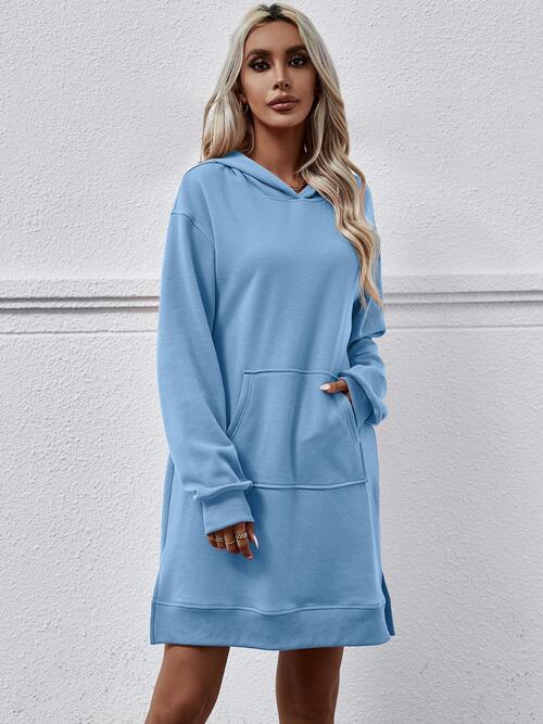 Slit Long Sleeve Hooded Dress with Pocket - T - 9 COLORS -