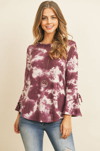 Thumbnail for Riah Fashion - Tie Dye Bell Sleeved Ribbon Detail Swing Top - 3 COLORS -