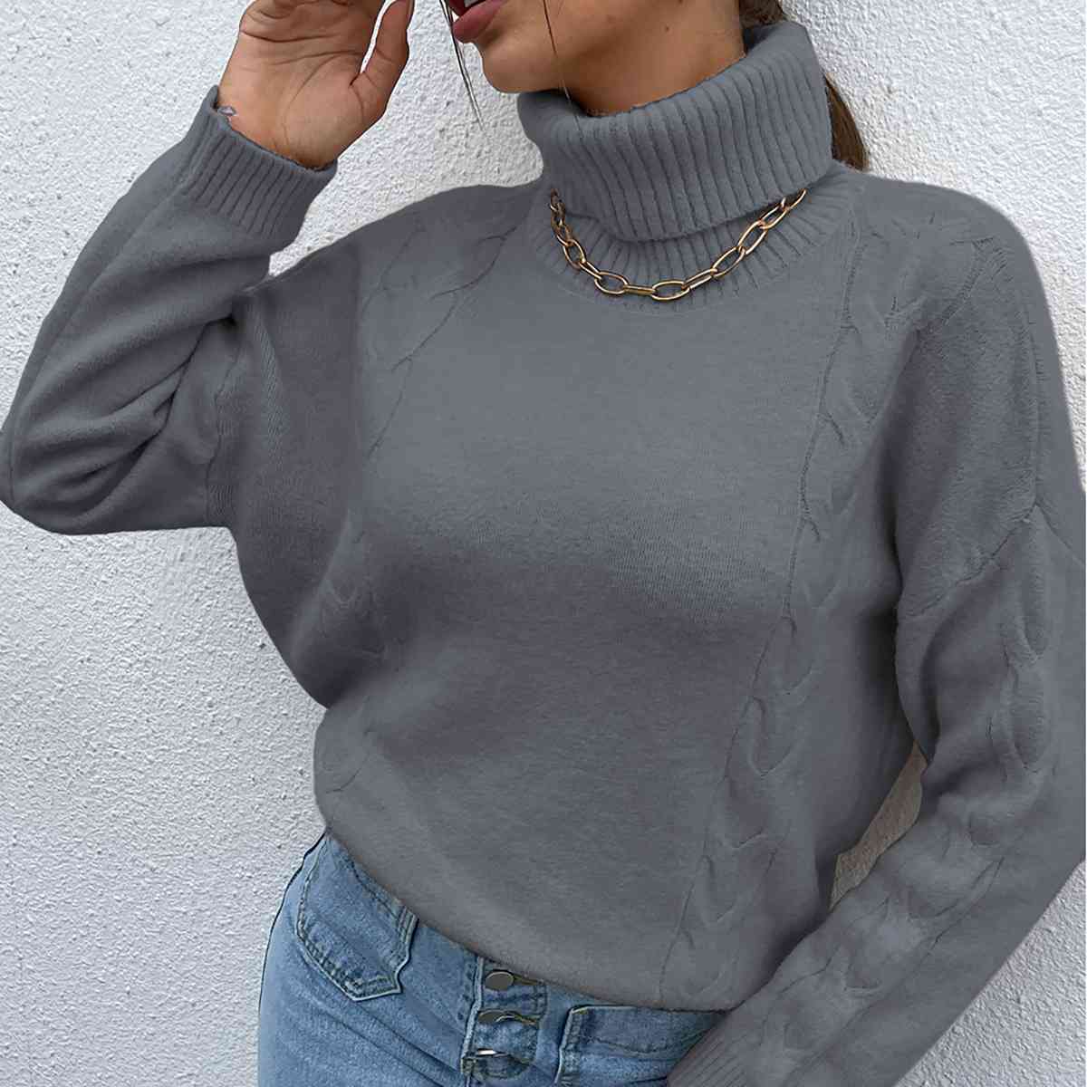 Turtleneck Dropped Shoulder Long Sleeve Sweater - T - 4 COLORS -