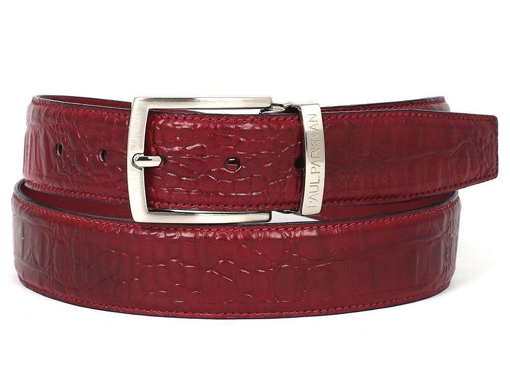 PAUL PARKMAN - Men's Croc Embossed Calfskin Belt Burgundy -