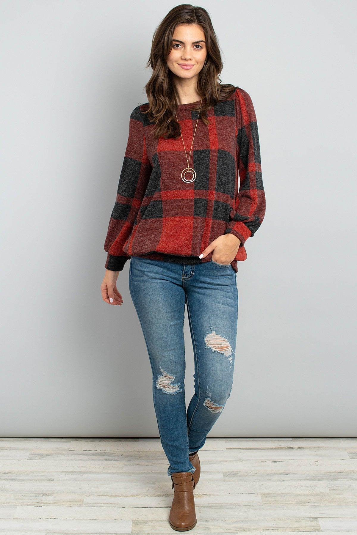 Riah Fashion - Plaid Round Neck Long Sleeve Top - 2 COLORS -