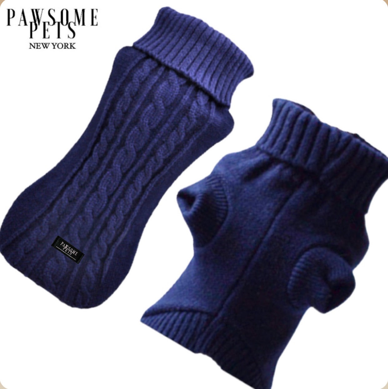 (Extra Warm) Dog and Cat Cable Knit Sweater - Navy Blue -