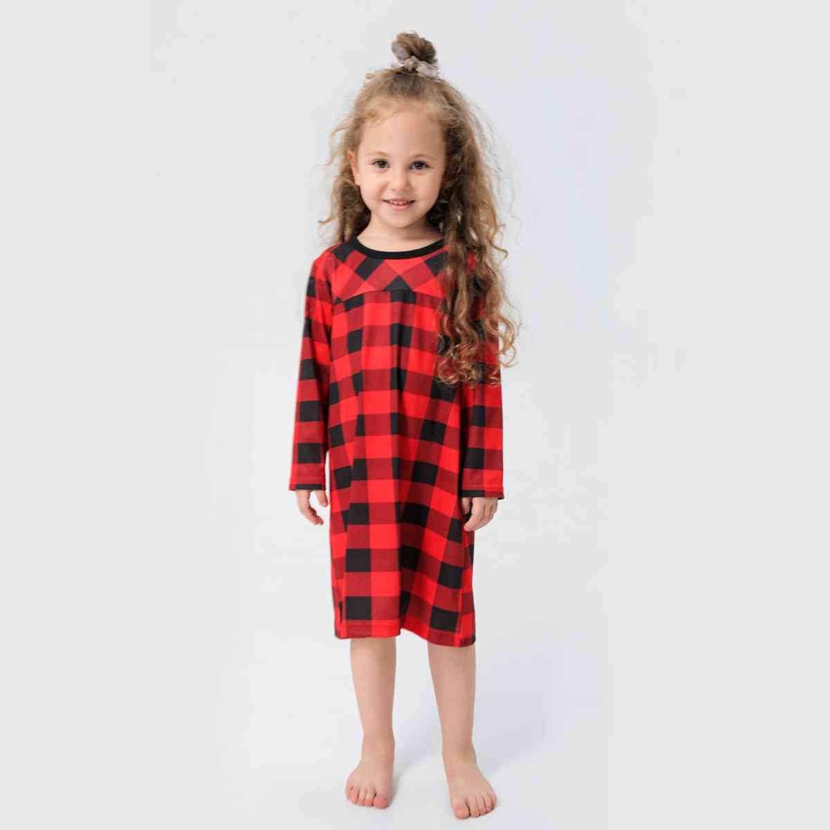 GIRL Plaid Round Neck Long Sleeve Dress - T -