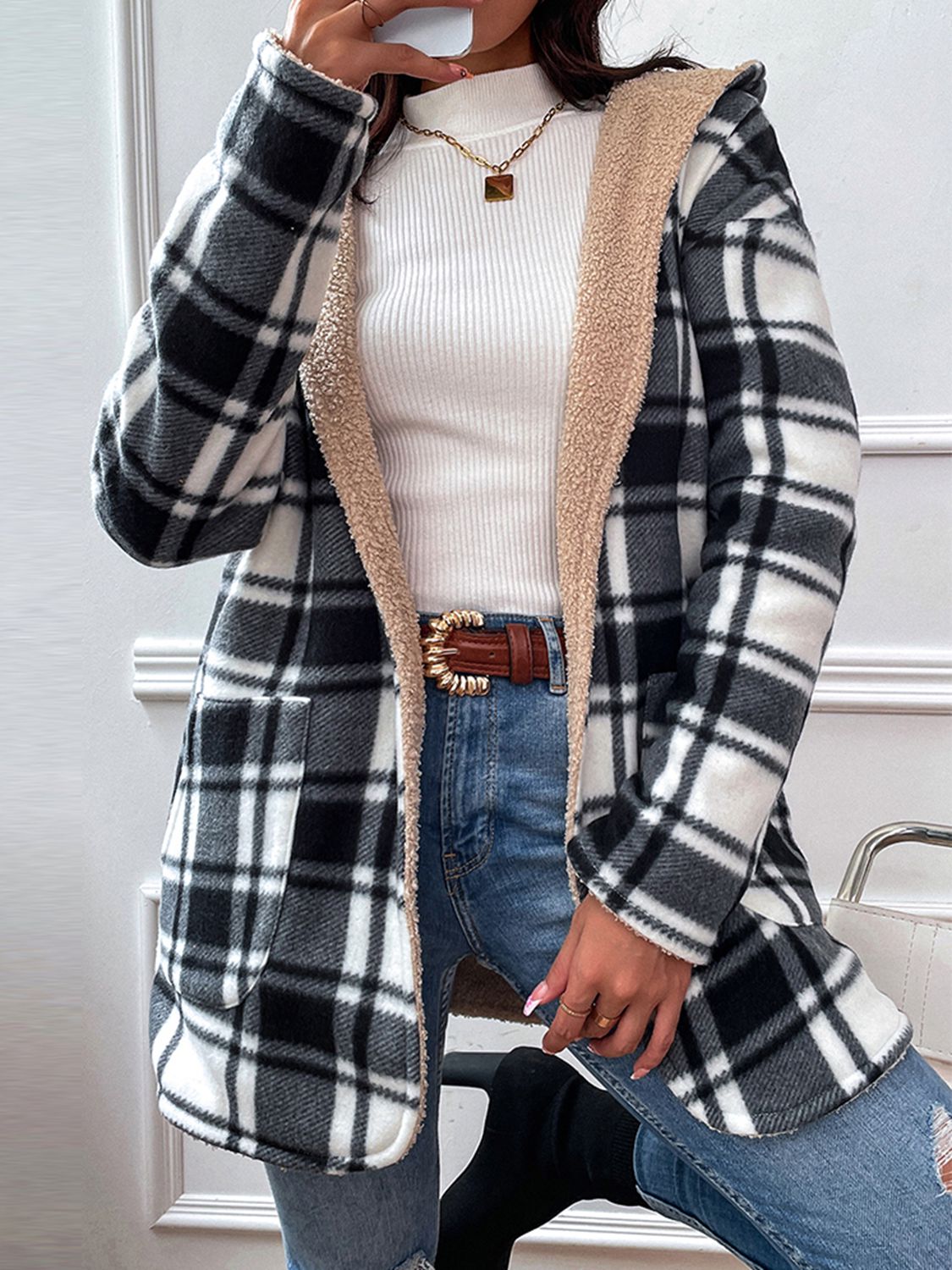 Plaid Hooded Longline JACKET / Coat - T - 1 COLOR -