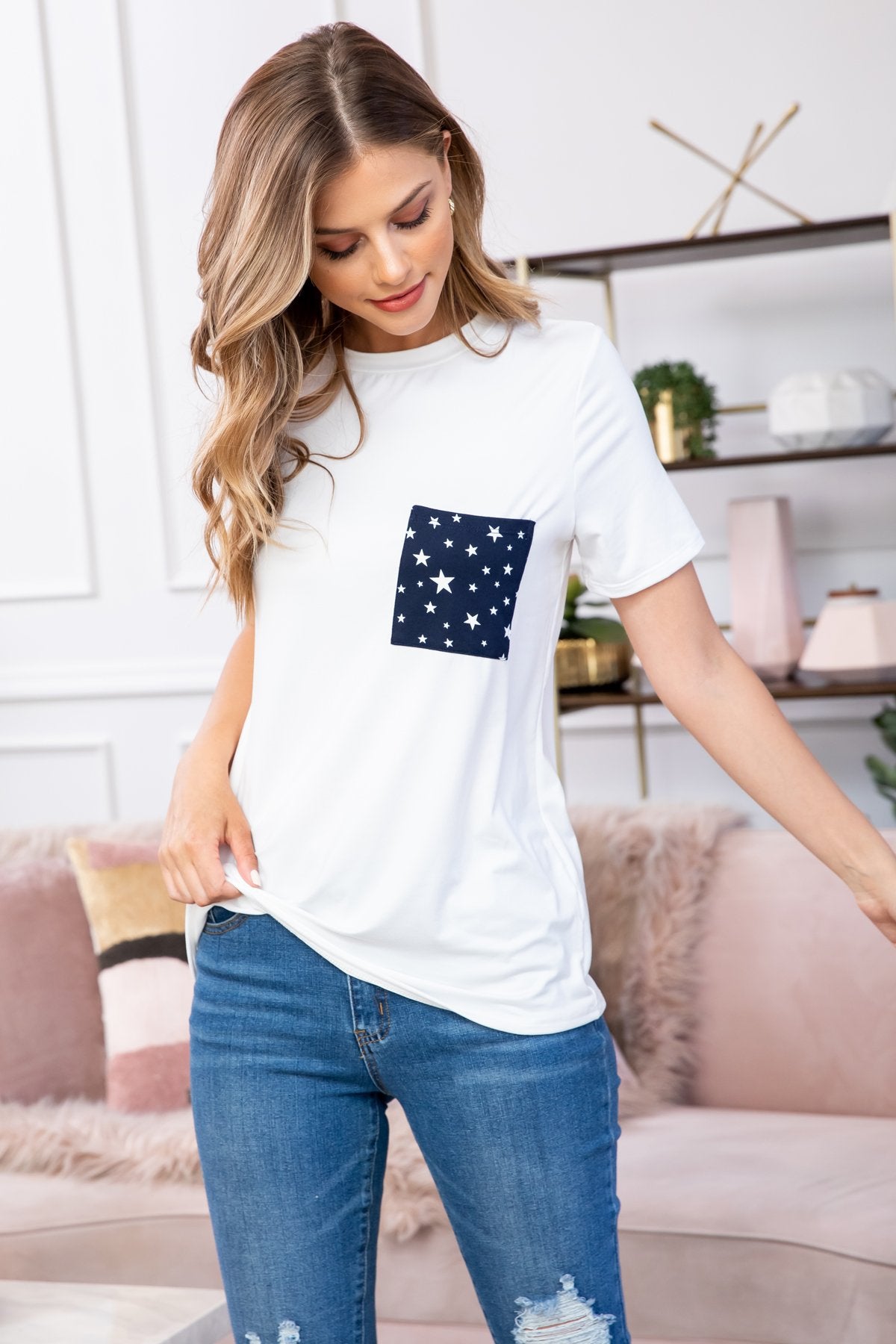 Riah Fashion - Short Sleeve Star Pocket Top - 4 COLORS