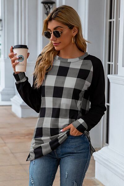 Plaid Round Neck Long Sleeve T-Shirt - T - 5 COLORS -