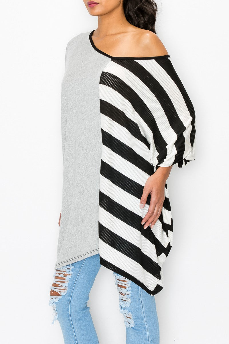 Stylespect - Stripe and Solid Contrast Oversized Top - Grey/Black - 1 COLOR -