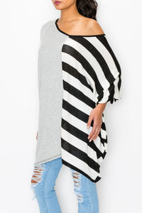 Thumbnail for Stylespect - Stripe and Solid Contrast Oversized Top - Grey/Black - 1 COLOR -