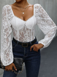 Thumbnail for Lace Balloon Sleeve Bodysuit - T - 2 COLORS -