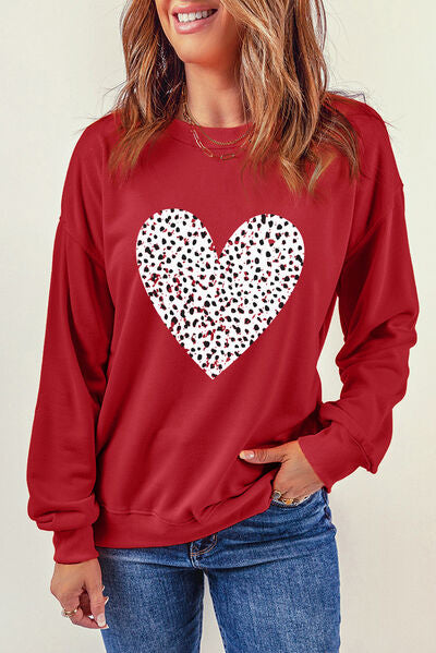 Heart Round Neck Dropped Shoulder Sweatshirt - T - 1 COLOR -