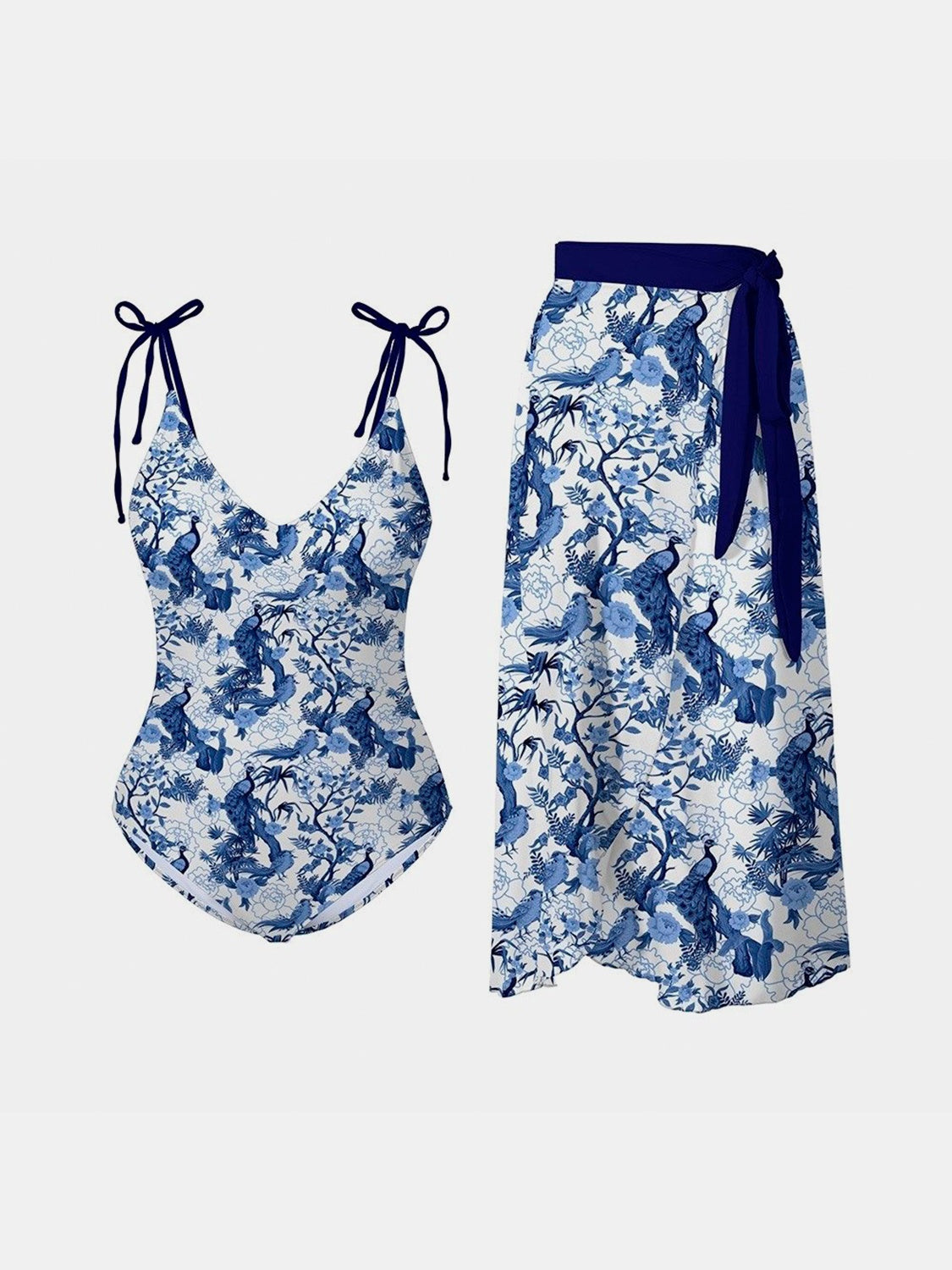 Printed Tie Shoulder Swimwear and Skirt Swim Set - 2 PCS. - T - 1 COLOR -