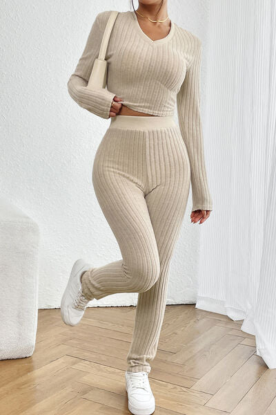 Ribbed V-Neck Long Sleeve Cropped Top and Pants Set - 2 PCS. - T - 1 COLOR -