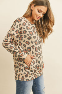 Thumbnail for Riah Fashion - Kangaroo Pocket Long Sleeve Leopard Top - 2 COLORS -