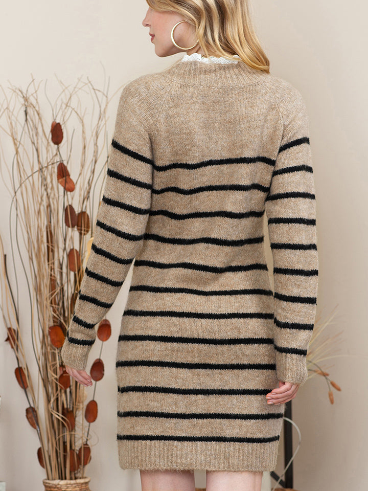 Striped Round Neck Long Sleeve Sweater Dress - T - 1 COLOR -