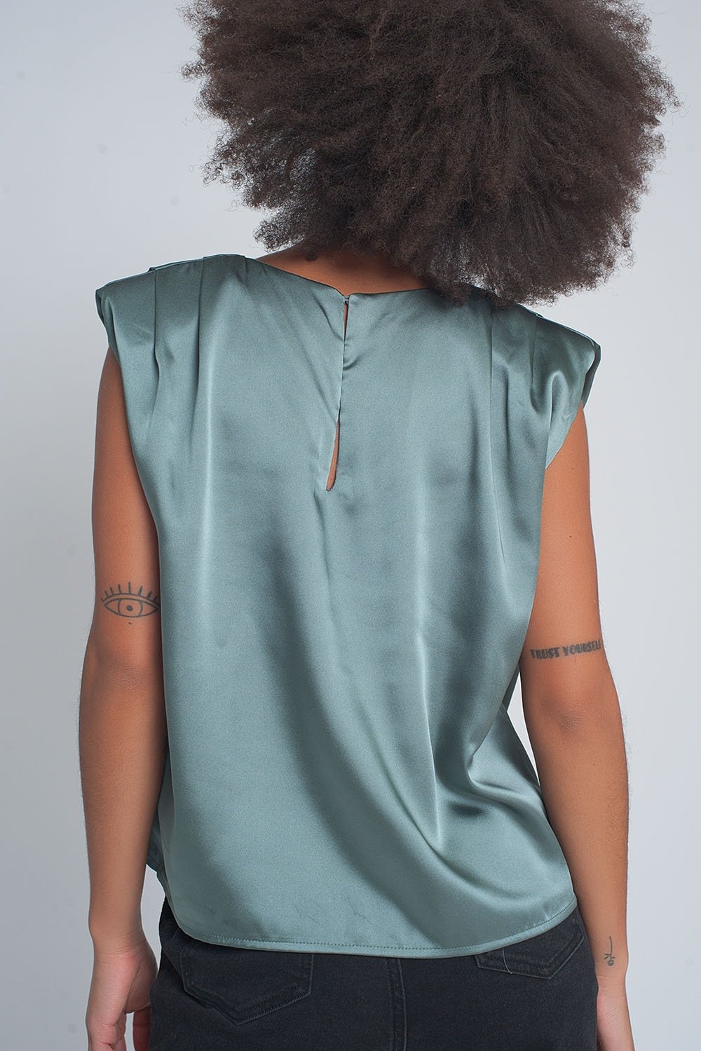 Q2 - Gathered Satin Shoulder Pad Sleeveless Top in Green - 1 COLOR