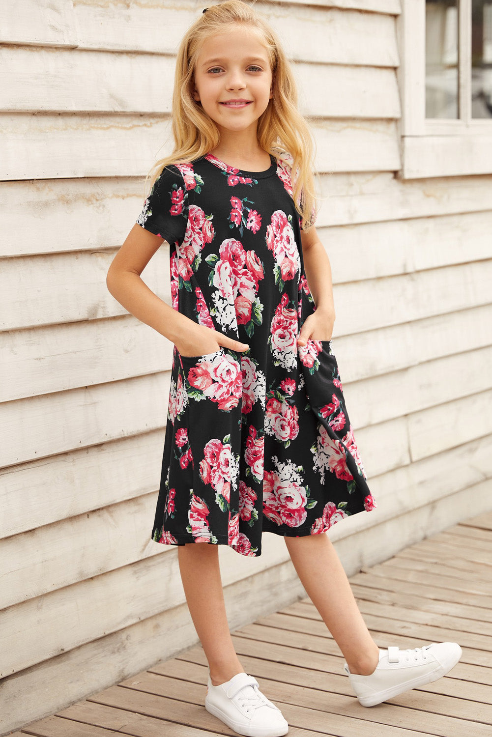 Girls Floral Round Neck Short Sleeve Dress with Pockets - T - 4 SIZES - 2 COLORS -