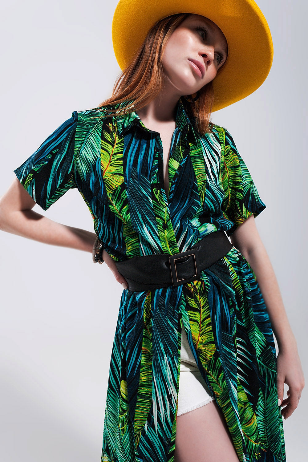 Q2 - Maxi Shirt Dress in Tropical Print - Belt not included - Beach or Everyday - 1 COLOR -